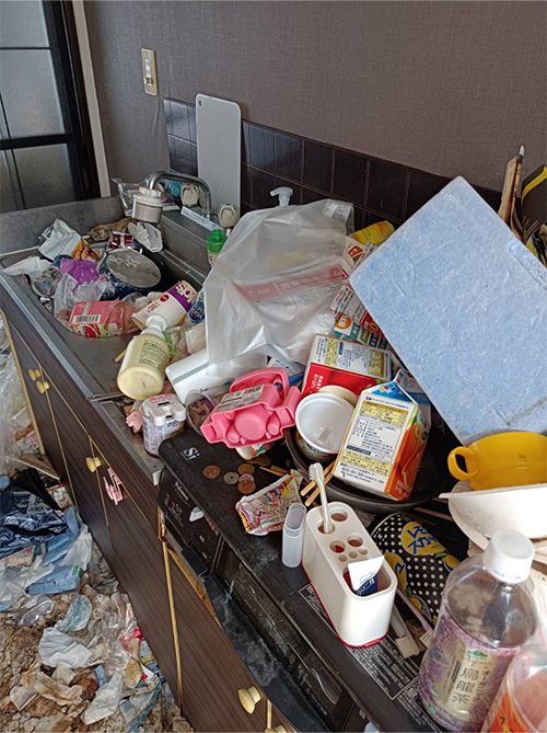 ゴミ屋敷BEFORE：キッチンの床やシンク全体にゴミやものが散らかった状態